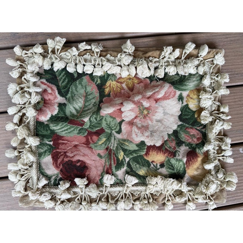 Vintage Floral Needlepoint Pillow Cover Velvet Back Tassel Fringe 13"x16" Zipper